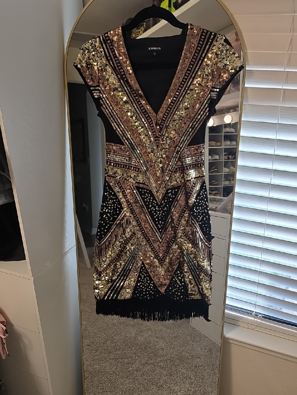 Express Black and Gold Sequin V-Neck Mini Dress with flapper fringe